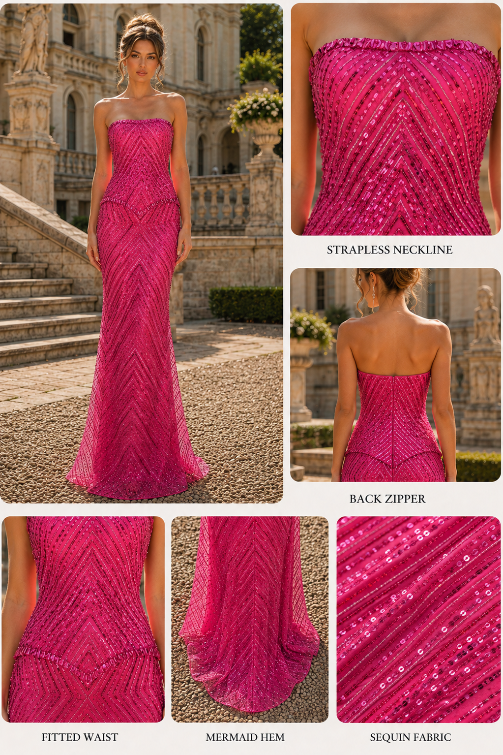 Strapless Scoop Neck Bead Embroidery Sleeveless Long Dress