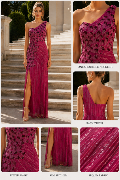 One Shoulder Sleeveless Sheath Bead Embroidery Long Dress