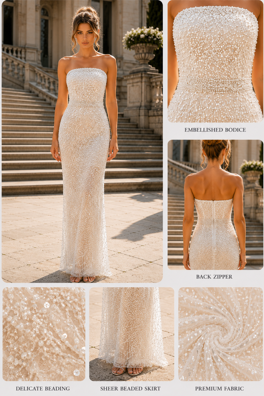 Strapless Bead Embroidery Sleeveless Scoop Neck Long Dress