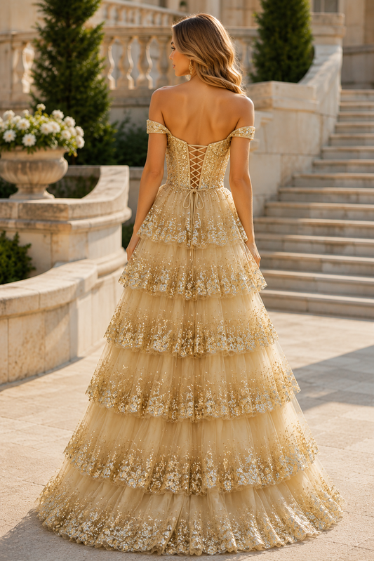 A-Line Off the Shoulder Tiered Ruffles Empire-Waist Long Dress