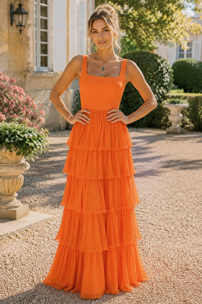 A-Line Square Tiered Ruffles Chiffon Back Bow Long Dress