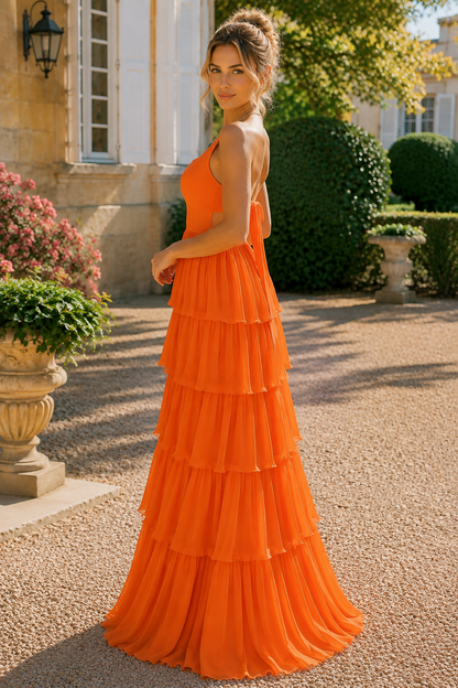 A-Line Square Tiered Ruffles Chiffon Back Bow Long Dress