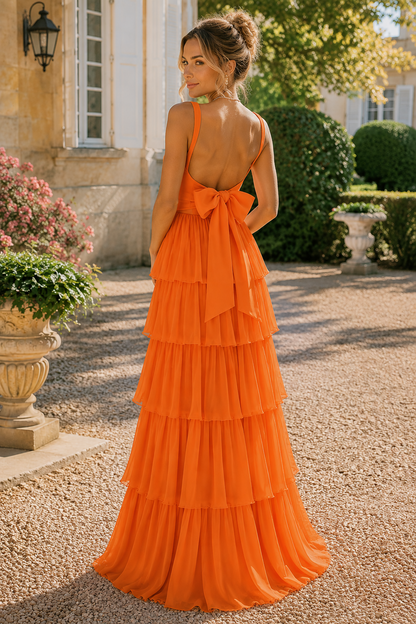 A-Line Square Tiered Ruffles Chiffon Back Bow Long Dress