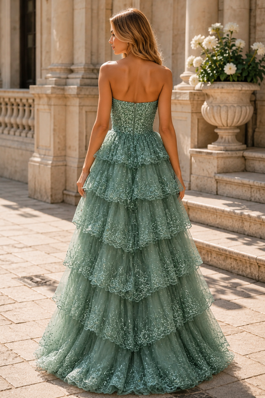 A-Line Strapless Tiered Ruffles Sequin Appliques High Slit Long Dress
