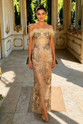 Bead Embroidery Strapless Sleeveless Feather Long Dress