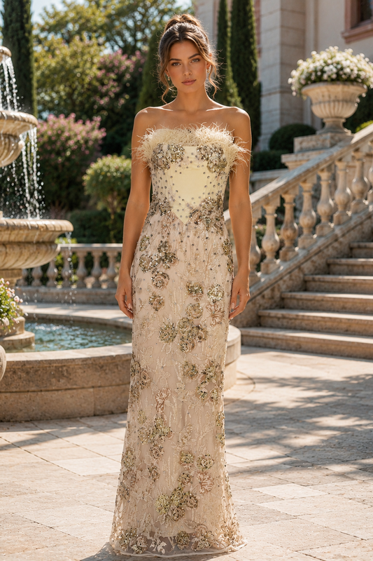 Bead Embroidery Strapless Sleeveless Feather Long Dress