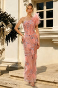 Bead Embroidery Sleeveless Feather Sheath Long Dress