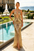 Halter Sleeveless Sequin Appliques Mermaid Long Dress