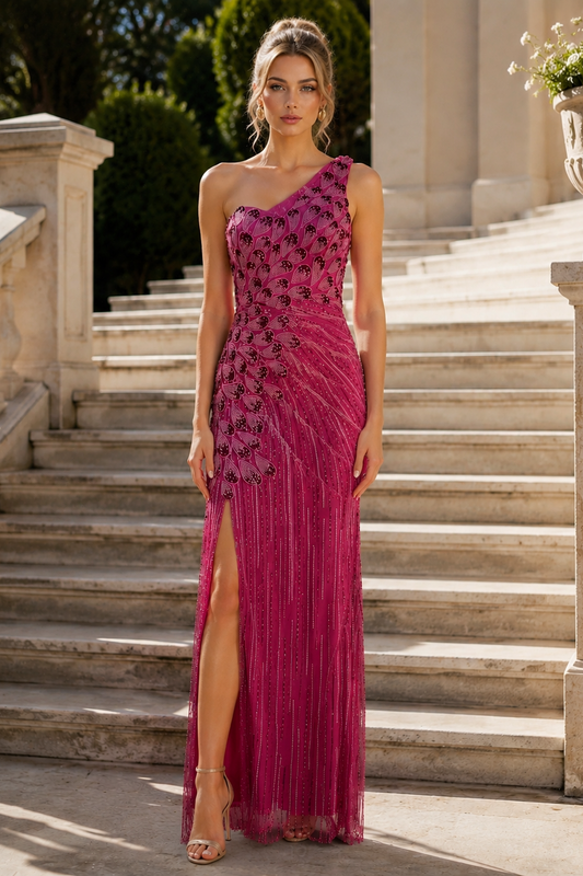 One Shoulder Sleeveless Sheath Bead Embroidery Long Dress