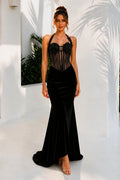 Halter Sweetheart Mermaid Sleeveless Velvet Long Dress