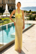 Halter V-Neck Sleeveless Bead Embroidery Long Dress
