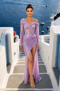 Long Sleeve One Shoulder Pleats High Slit Sequin Long Dress