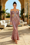 Long Sleeve Strapless V-Neck Bead Mermaid Long Dress