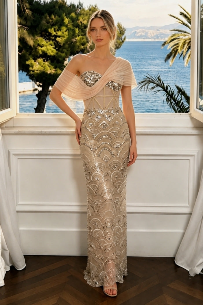 Off the Shoulder Bead Embroidery Sweetheart Long Dress