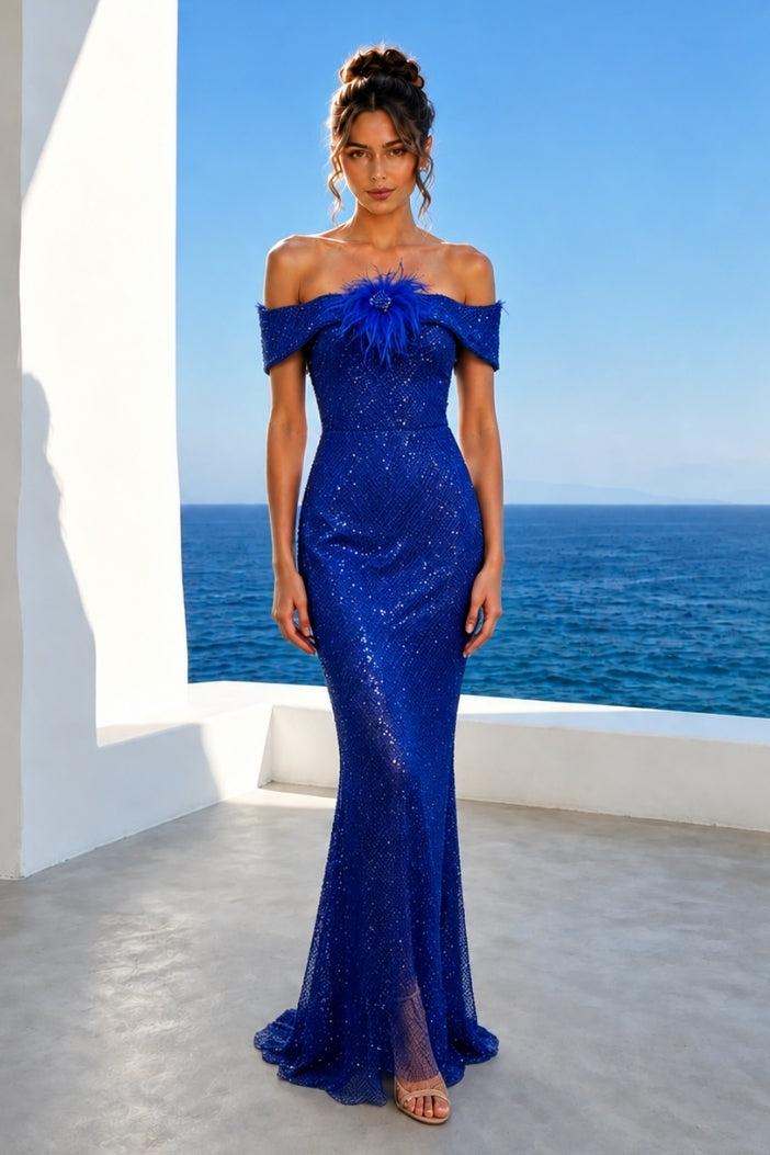Off the Shoulder Mermaid Feather Long Dress