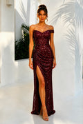 One Shoulder Sequin High Slit Pleats Long Dress