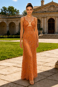 Sheath Strap Sleeveless Bead Embroidery Long Dress