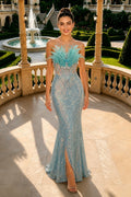 Strapless Bead Embroidery Feather Mermaid Sleeveless Long Dress