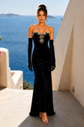 Strapless Bead Mermaid Velvet with Gloves Long Dress