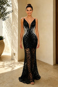 Strapless Deep V-Neck Bead Mermaid Sleeveless Long Dress