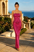 Strapless Scoop Neck Bead Embroidery Sleeveless Long Dress