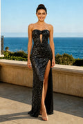Strapless Sweetheart High Slit Sequin Sheath Long Dress