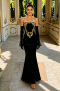 Strapless Velvet Bead Long Gloves Long Dress