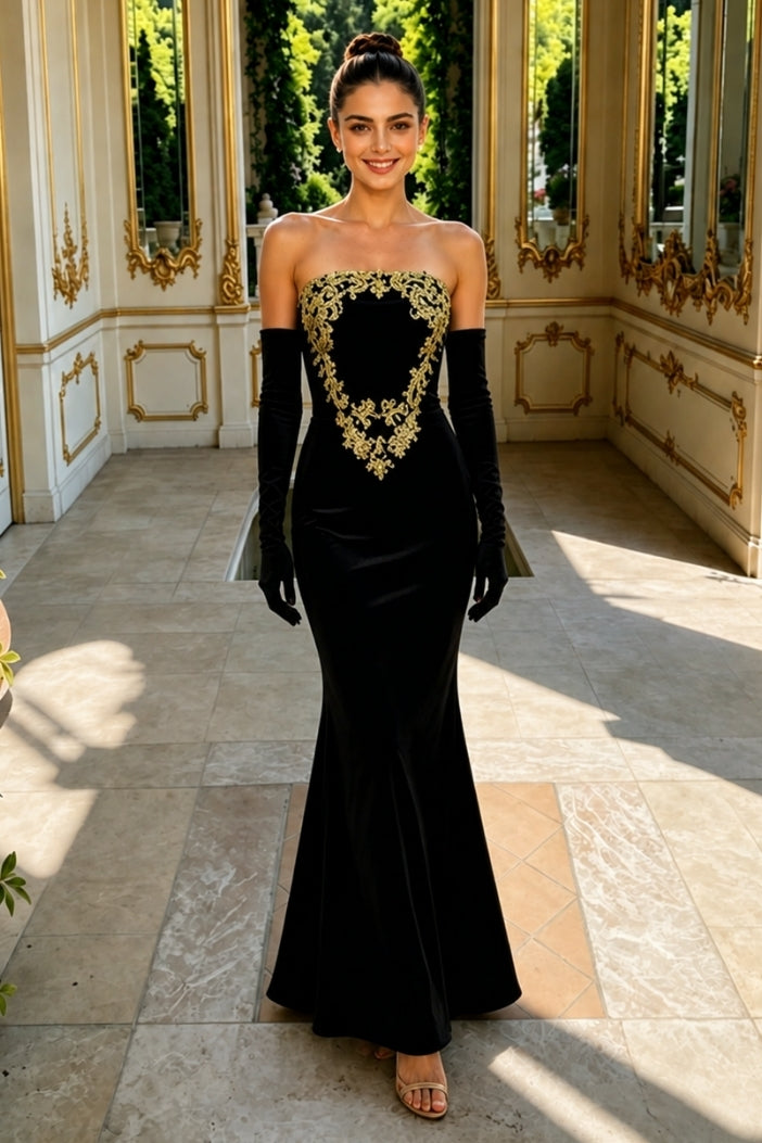 Strapless Velvet Bead Long Gloves Long Dress