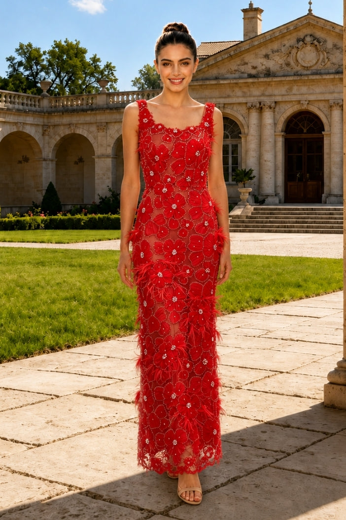 Straps Appliques Sheath Square Neck Sleeveless Long Dress