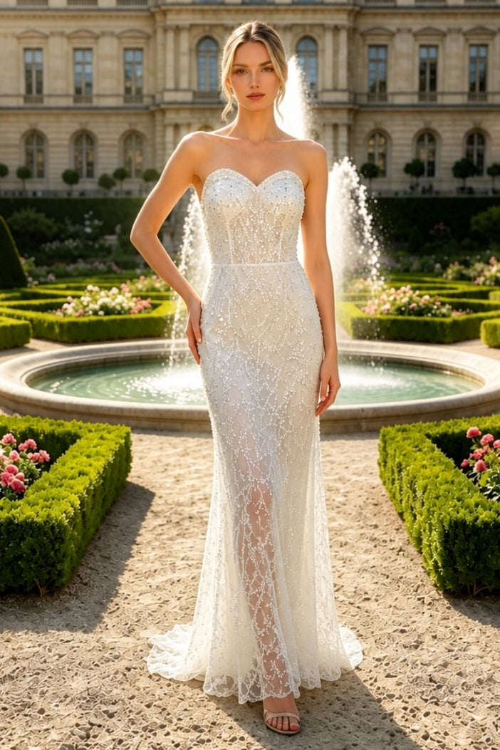 Sweetheart Strapless Bead Embroidery Sleeveless Mermaid Long Dress
