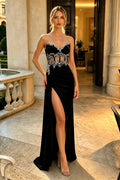 V-Neck Bead Strapless Sleeveless High Slit Long Dress