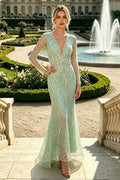 V-Neck Long Sleeve Bead Embroidery Sheath Long Dress