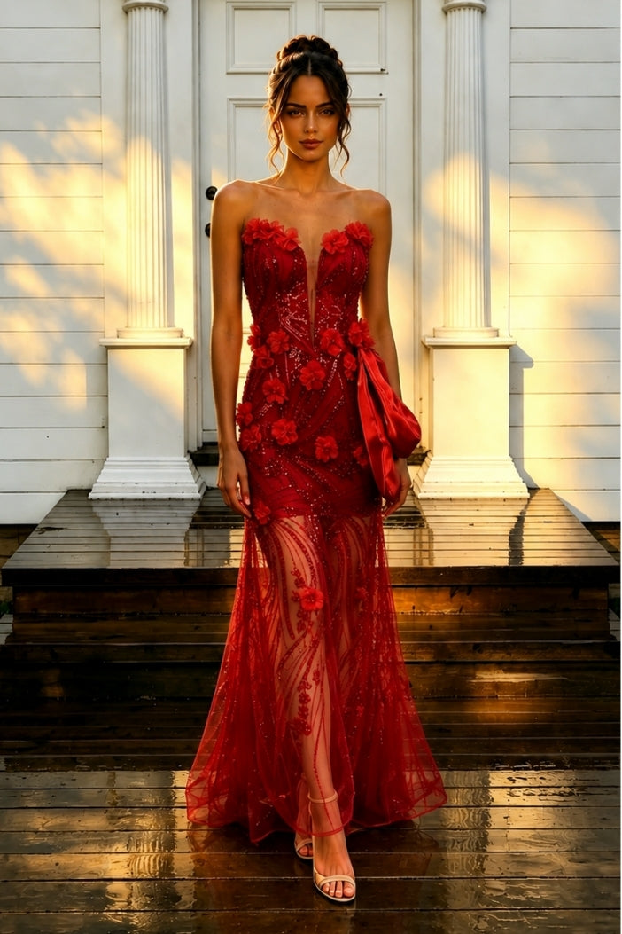 V-Neck Strapless Appliques Sleeveless Bead Embroidery Long Dress