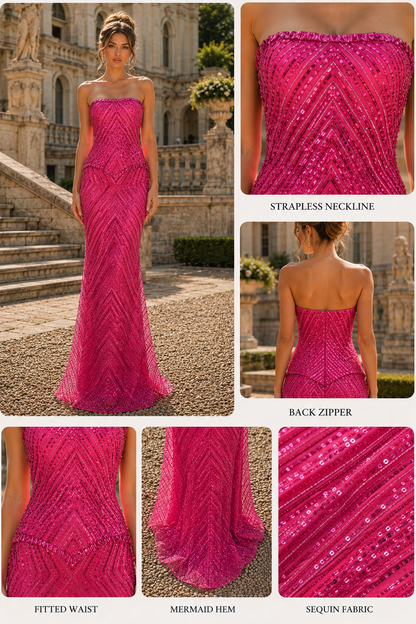 Strapless Scoop Neck Bead Embroidery Sleeveless Long Dress